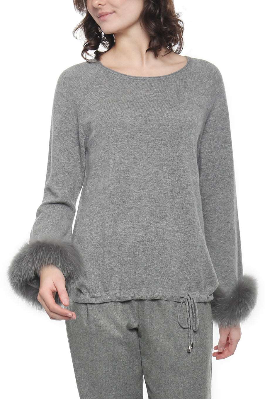 Cashmere Drawstring Jewel Neck with Fur Cuffs Pullover