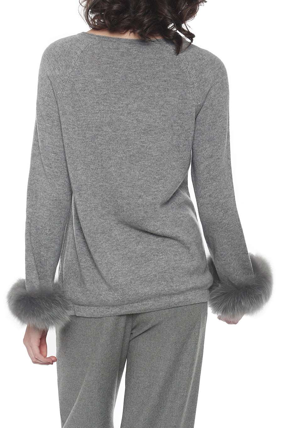 Cashmere Drawstring Jewel Neck with Fur Cuffs Pullover