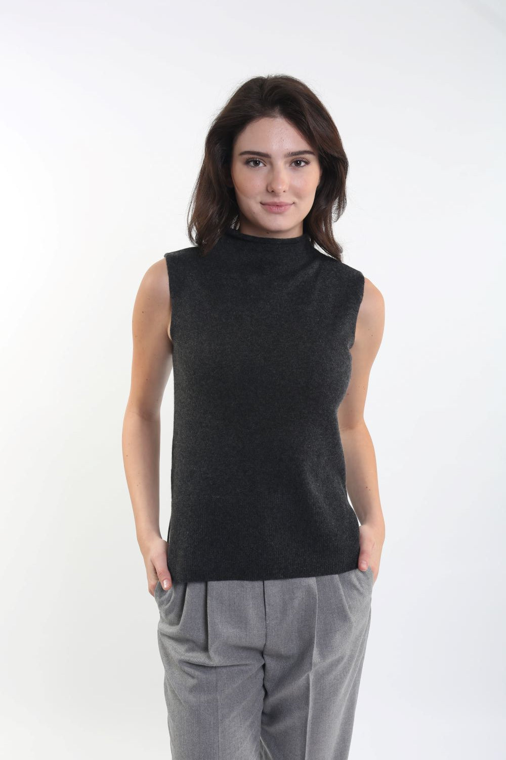 100% Cashmere Funnel Neck Sleeveless Top