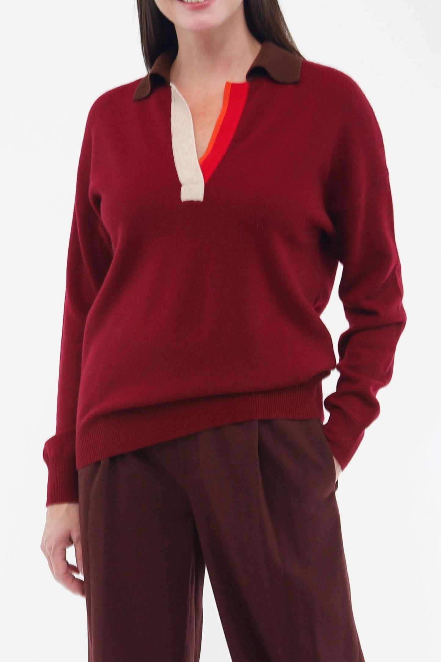 100% Cashmere Color Blocked Long Sleeve Polo Collar