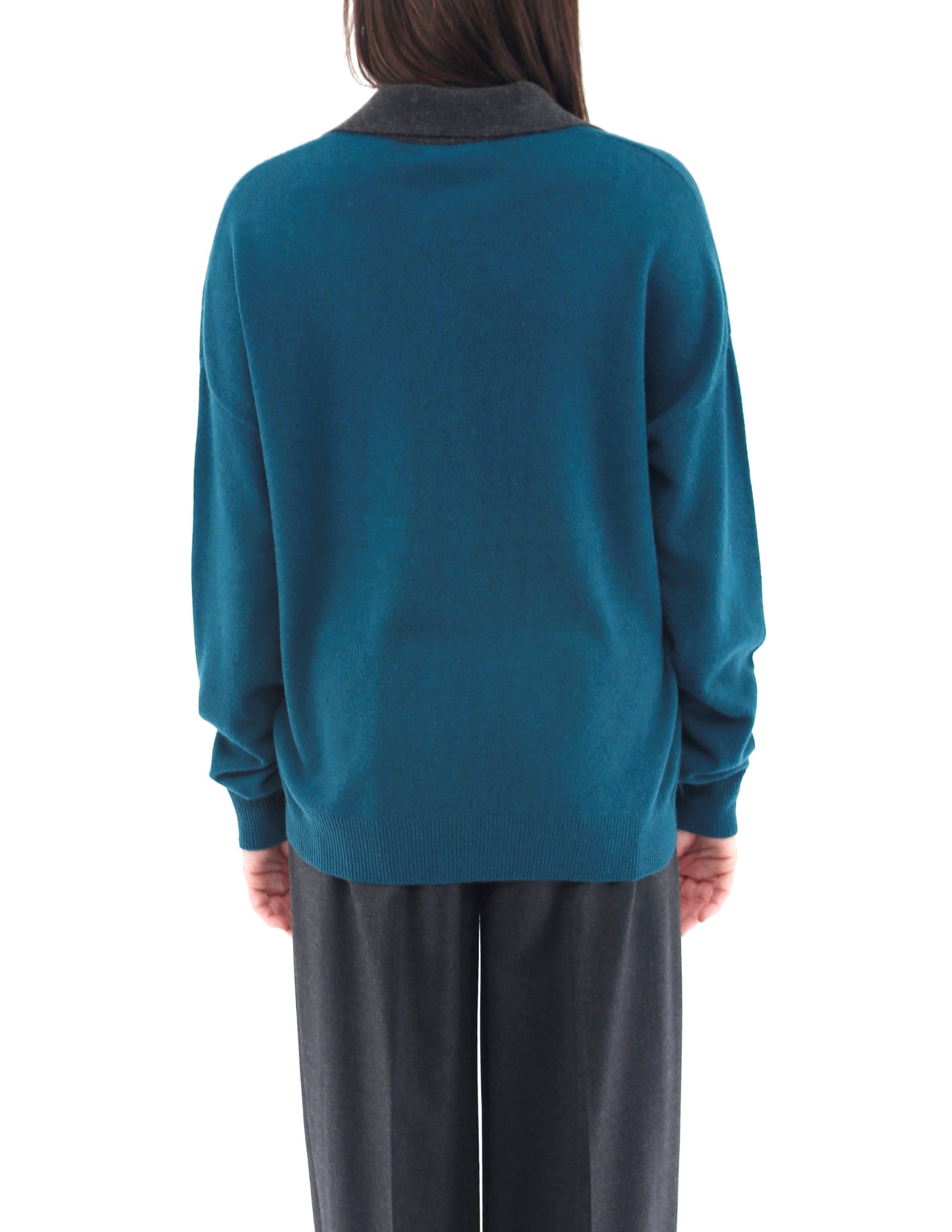 100% Cashmere Color Blocked Long Sleeve Polo Collar