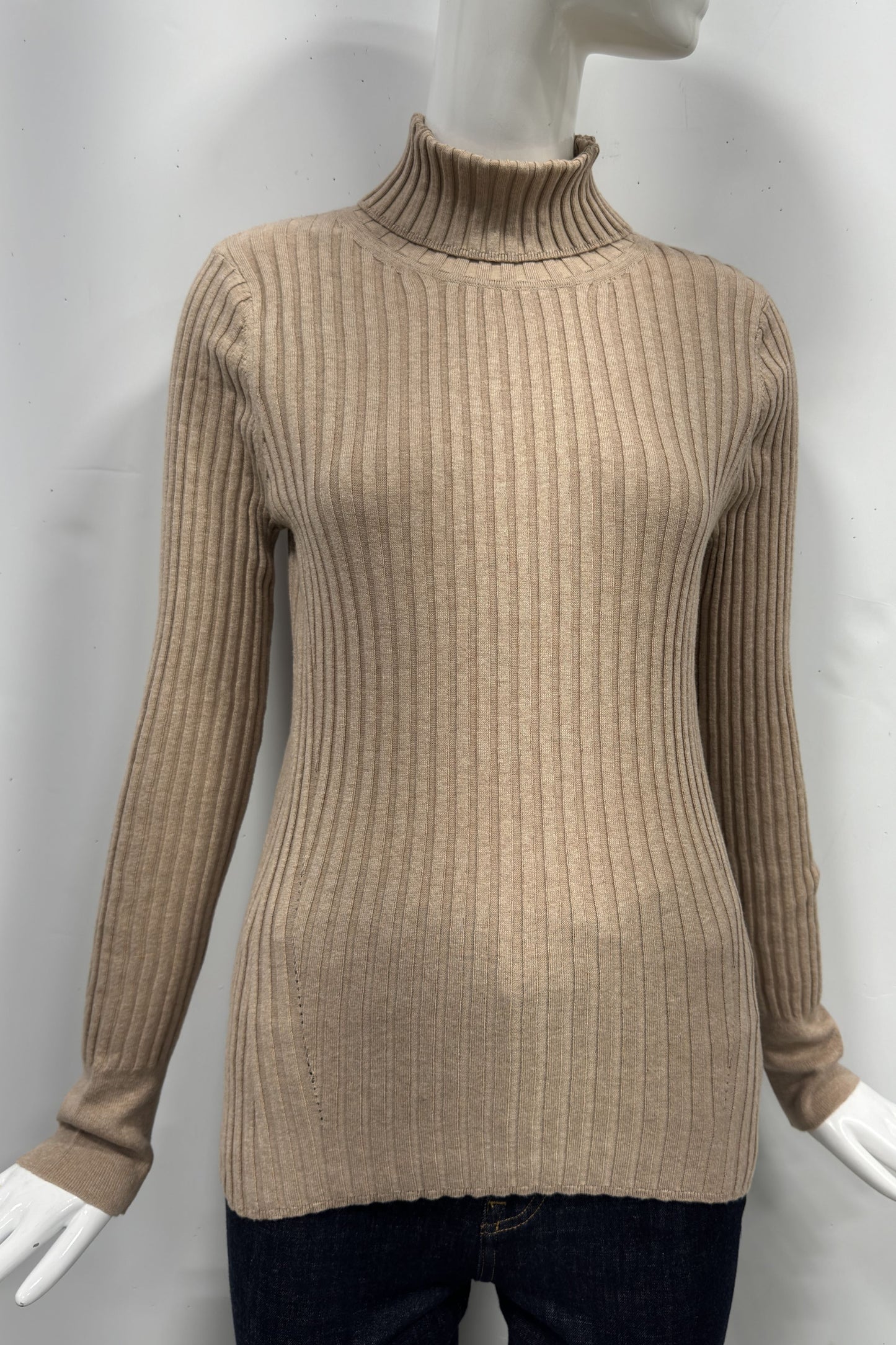 Cotton/Cashmere Blend Long Sleeve Rib Turtle Neck Pullover