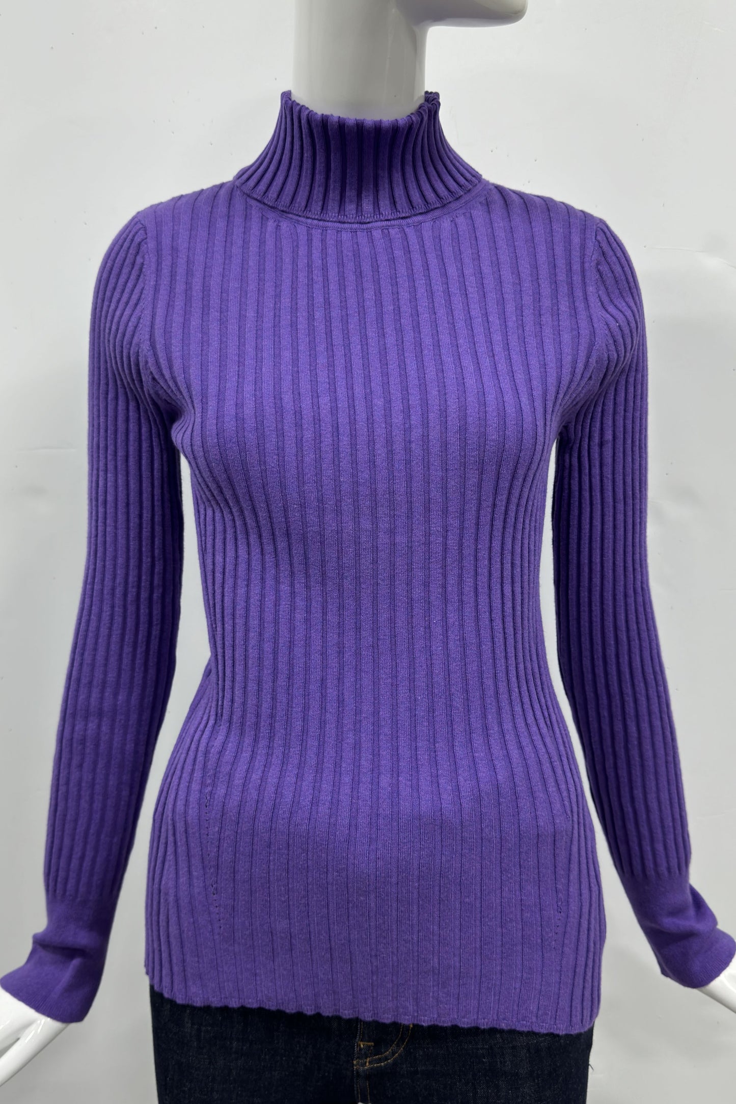 Cotton/Cashmere Blend Long Sleeve Rib Turtle Neck Pullover
