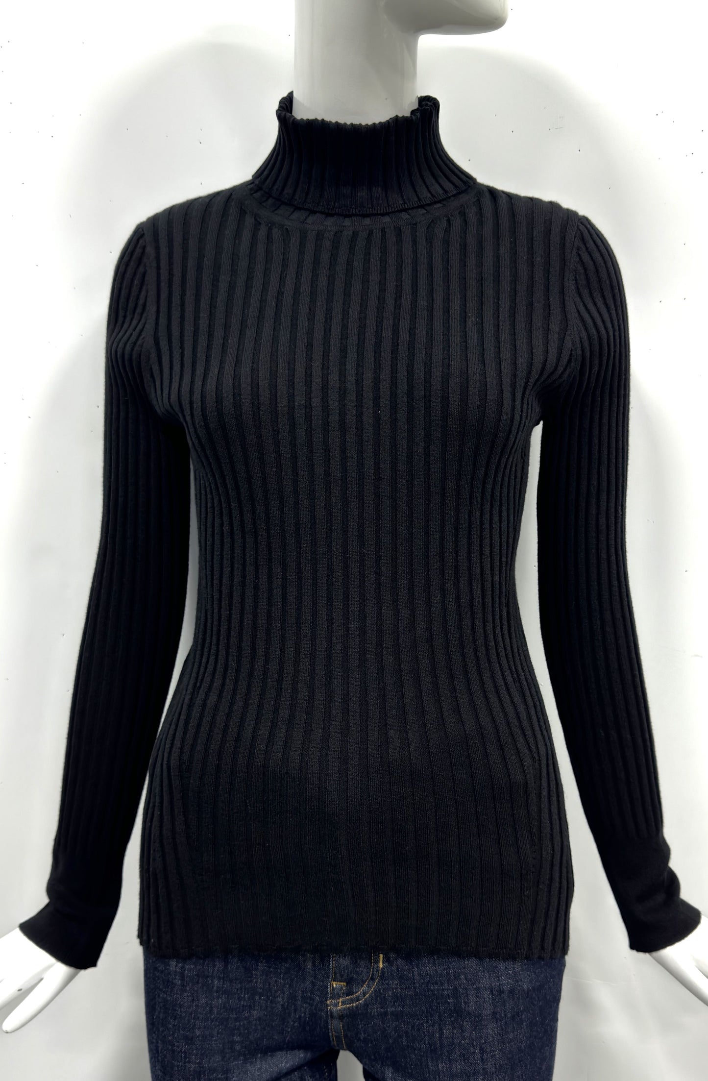 Cotton/Cashmere Blend Long Sleeve Rib Turtle Neck Pullover