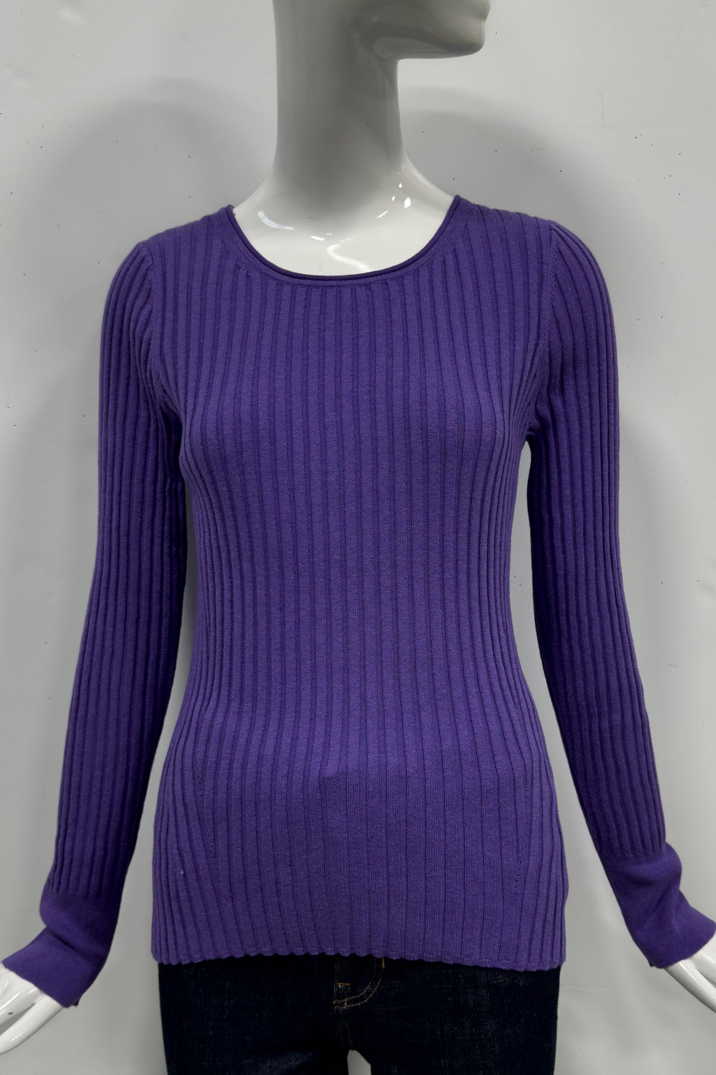 Cotton/Cashmere Blend Long Sleeve Rib Crew Neck Pullover