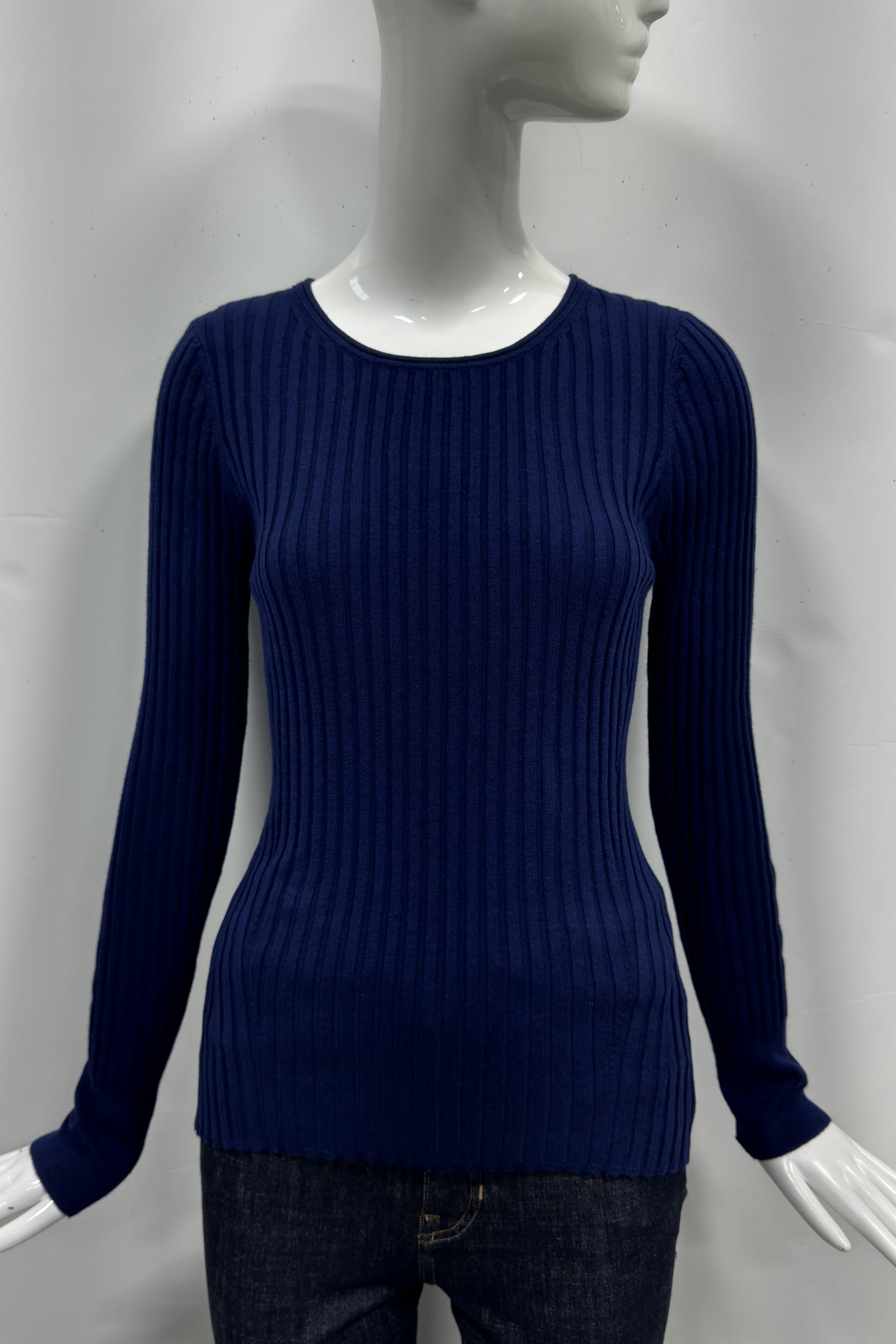 Cotton/Cashmere Blend Long Sleeve Rib Crew Neck Pullover