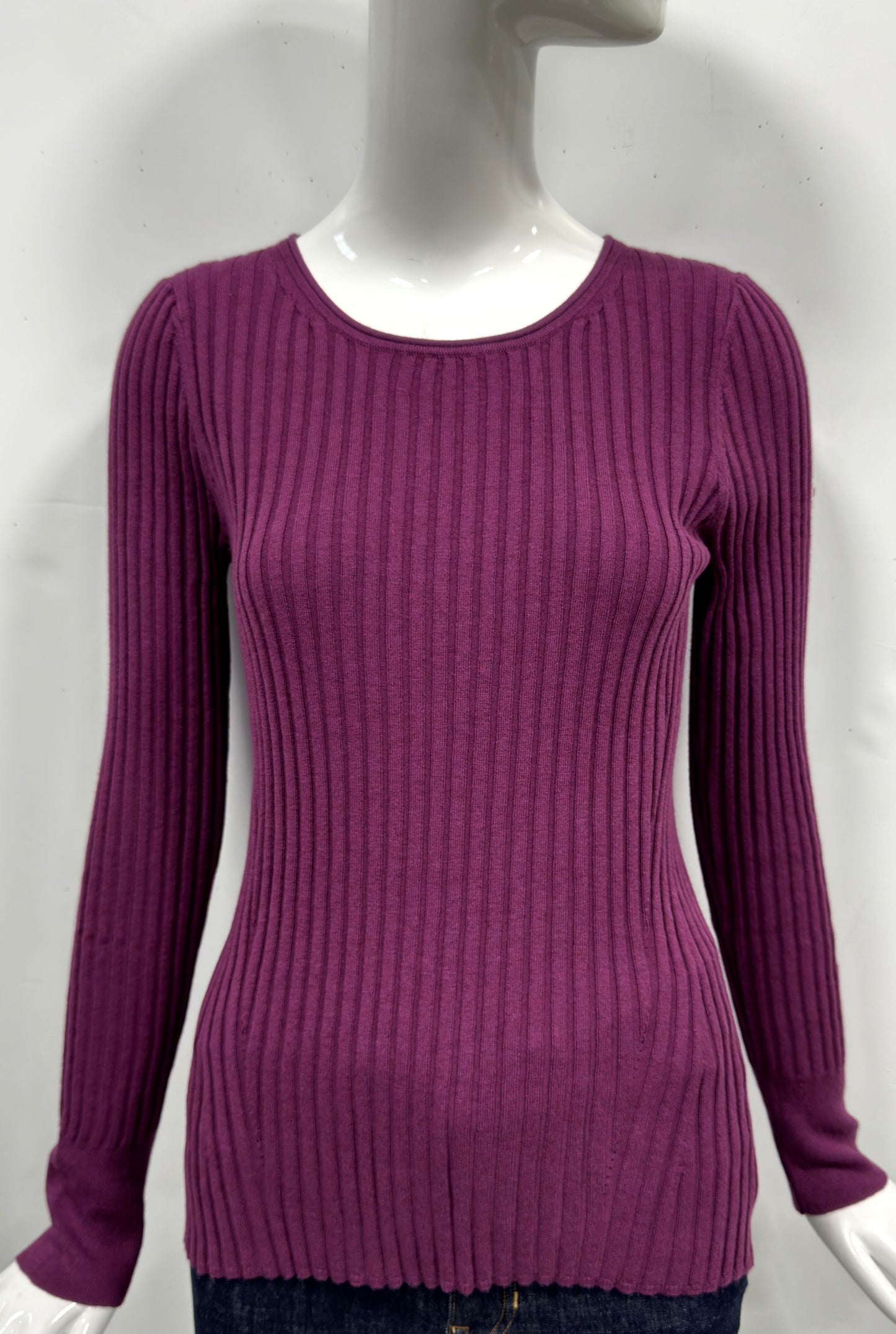 Cotton/Cashmere Blend Long Sleeve Rib Crew Neck Pullover