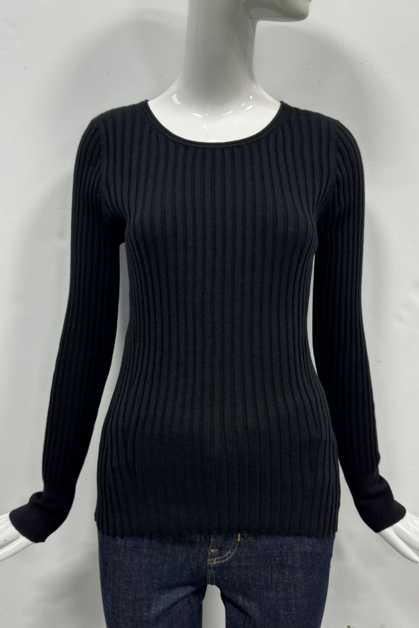 Cotton/Cashmere Blend Long Sleeve Rib Crew Neck Pullover
