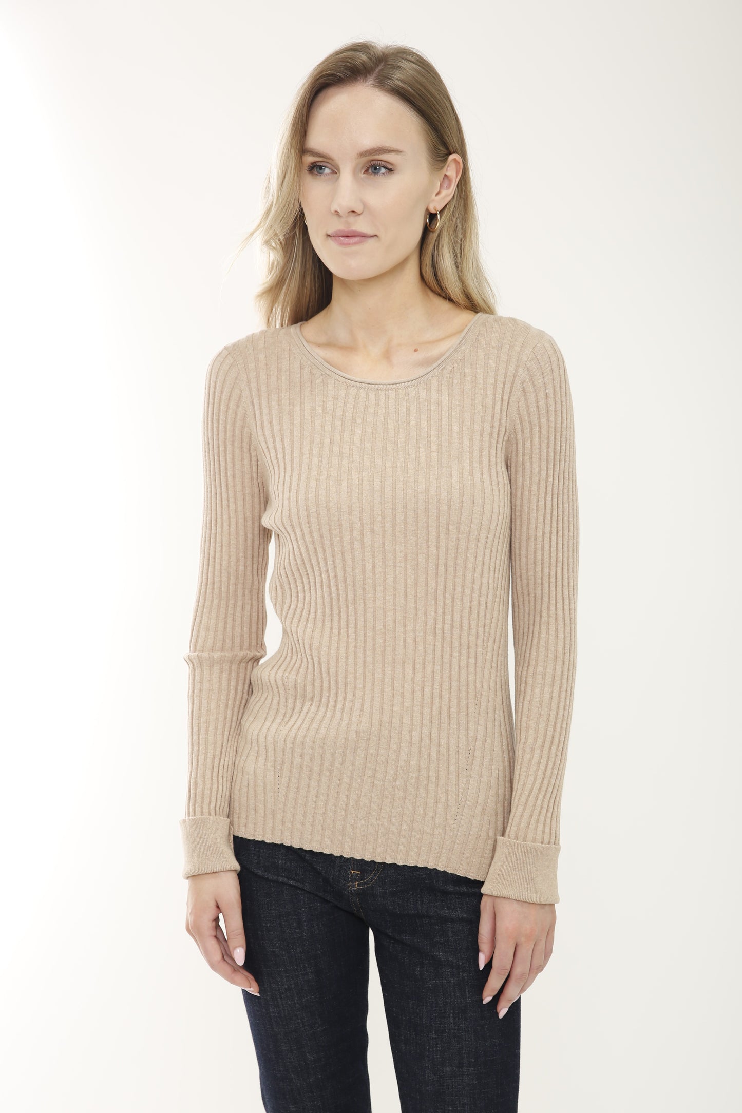Cotton/Cashmere Blend Long Sleeve Rib Crew Neck Pullover