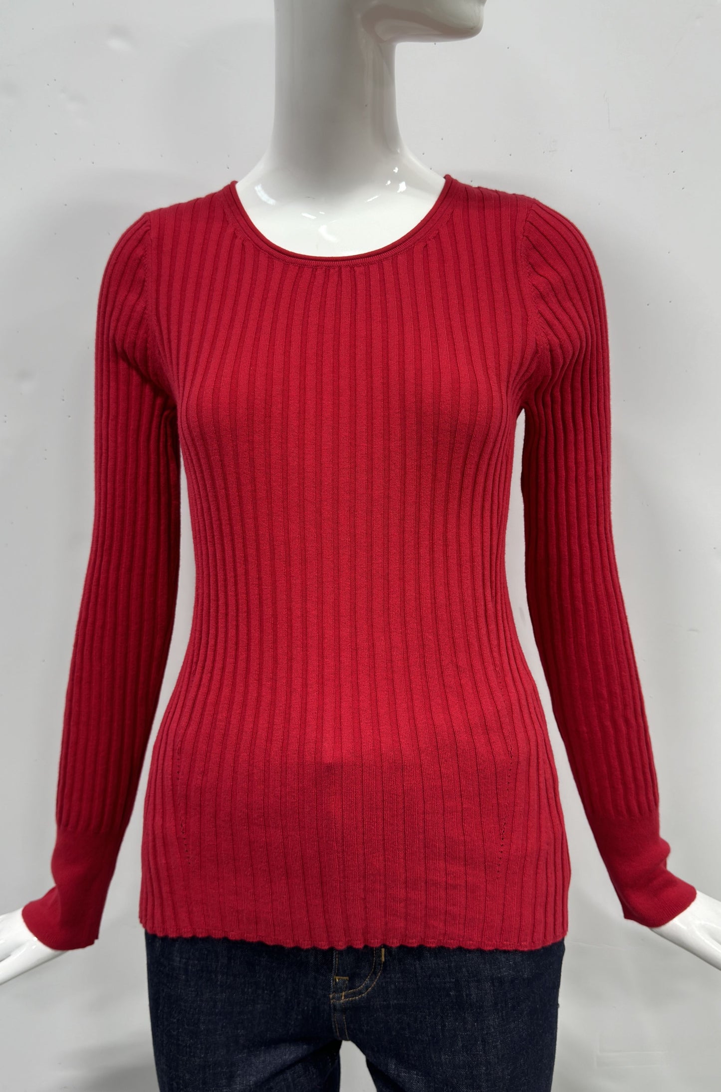 Cotton/Cashmere Blend Long Sleeve Rib Crew Neck Pullover