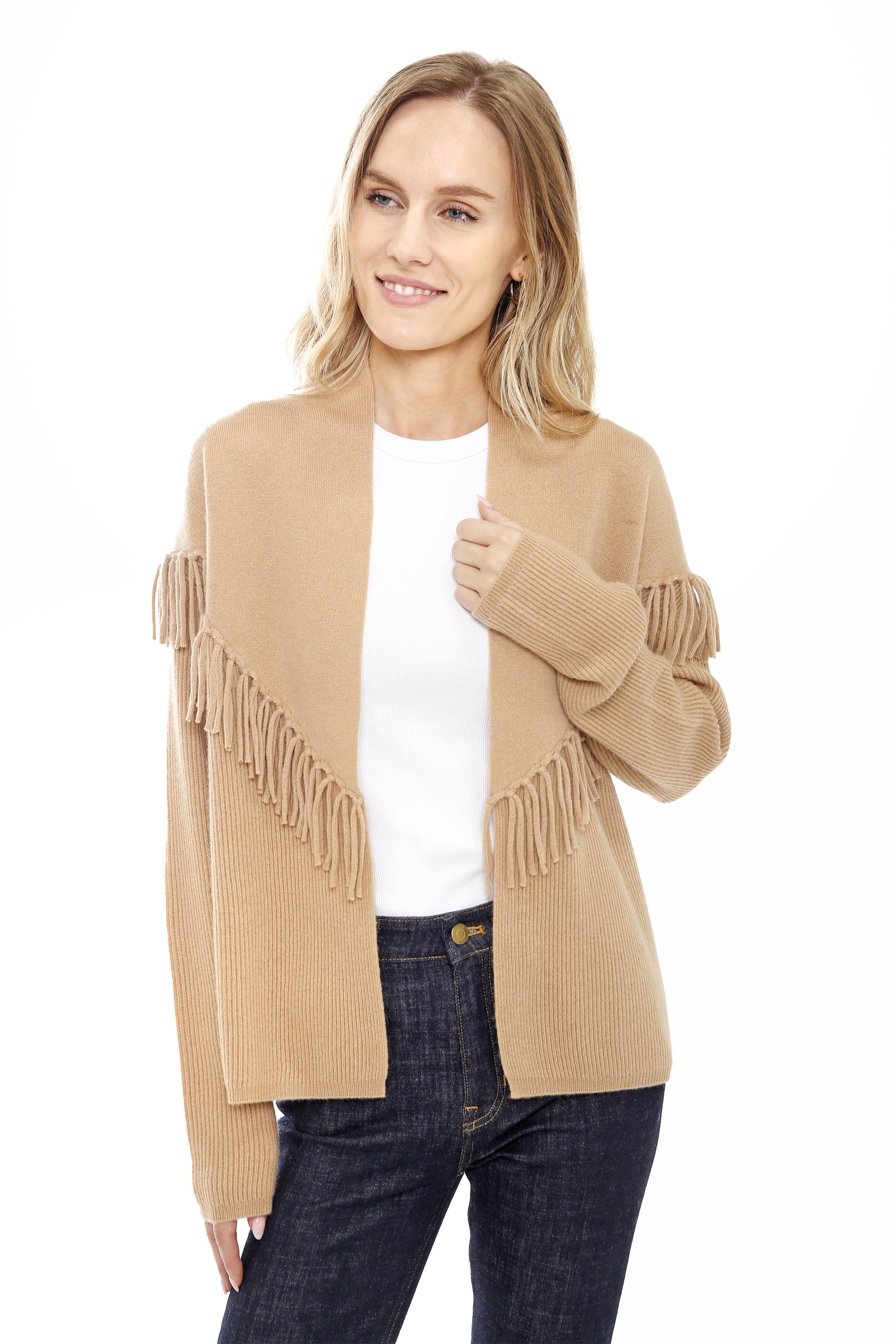 Cashmere Blend Open Cardigan with Fringe – InCashmere