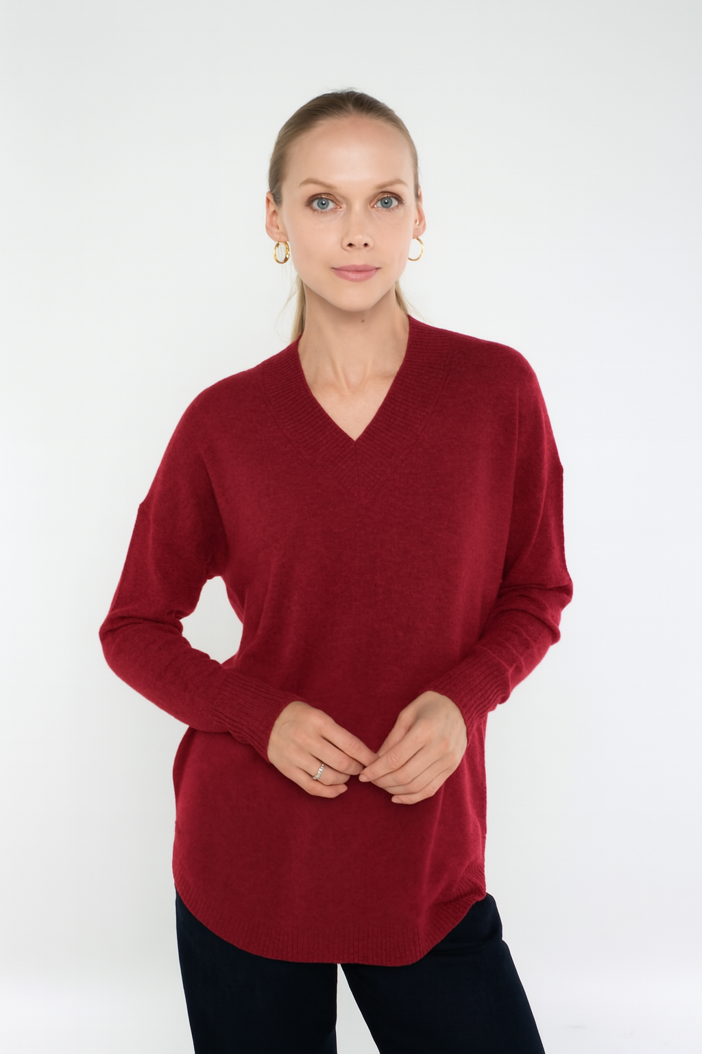 Cashmere Long Sleeve V-Neck with Contrast Color