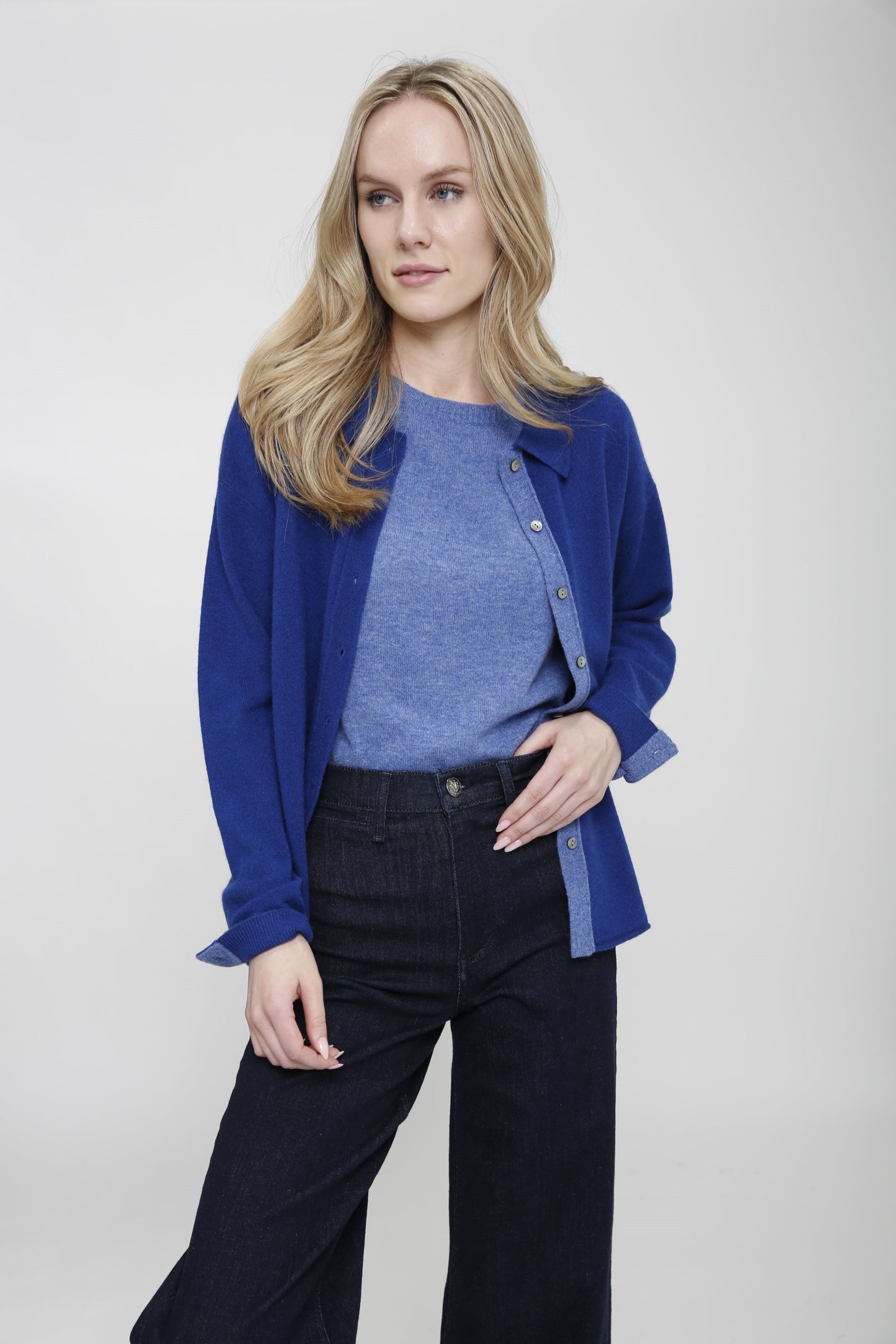 Cashmere Long Sleeve Knit Shirt with Contrast