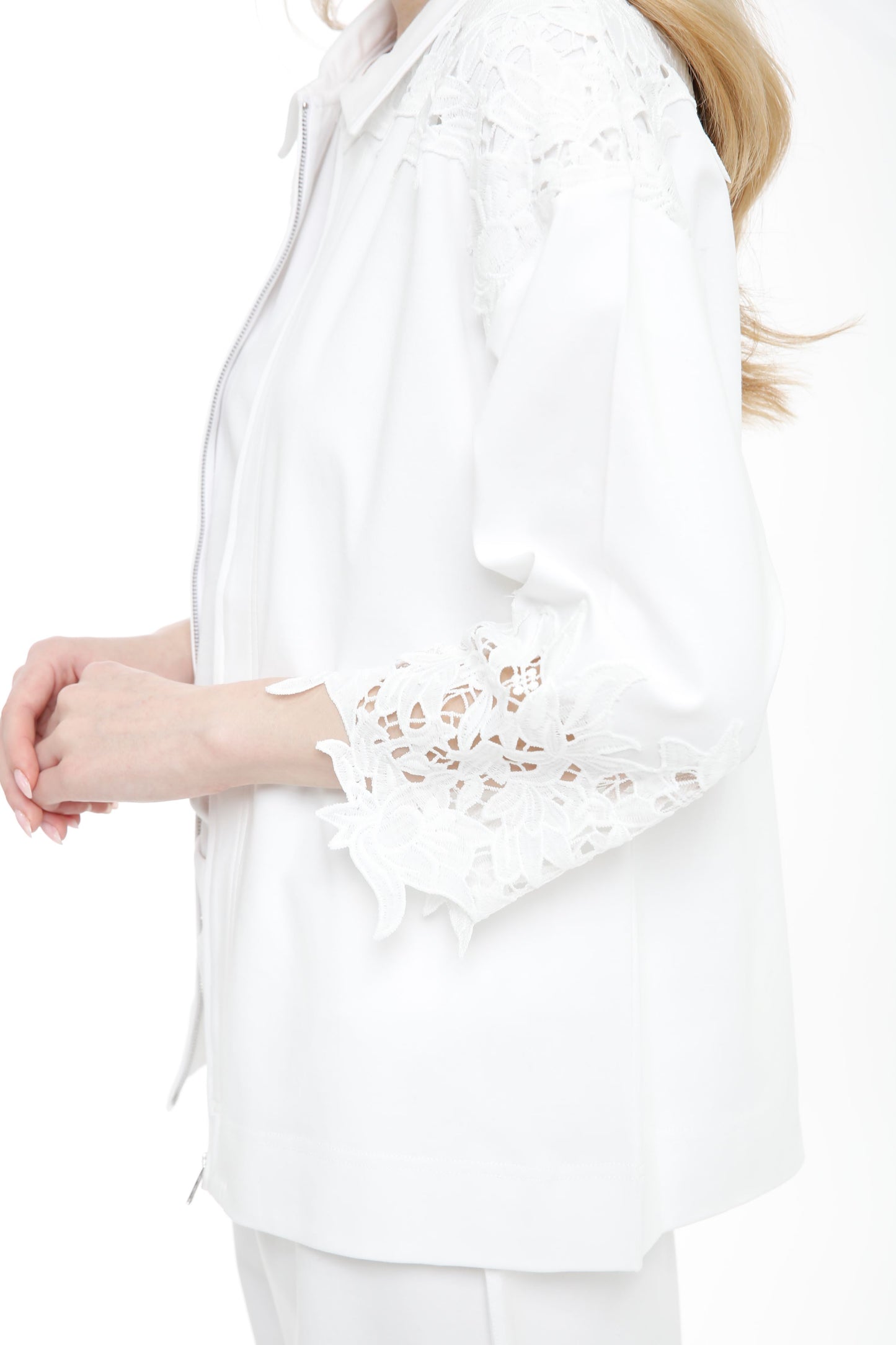 Long Sleeve Zip Front Shirt with Lace Details