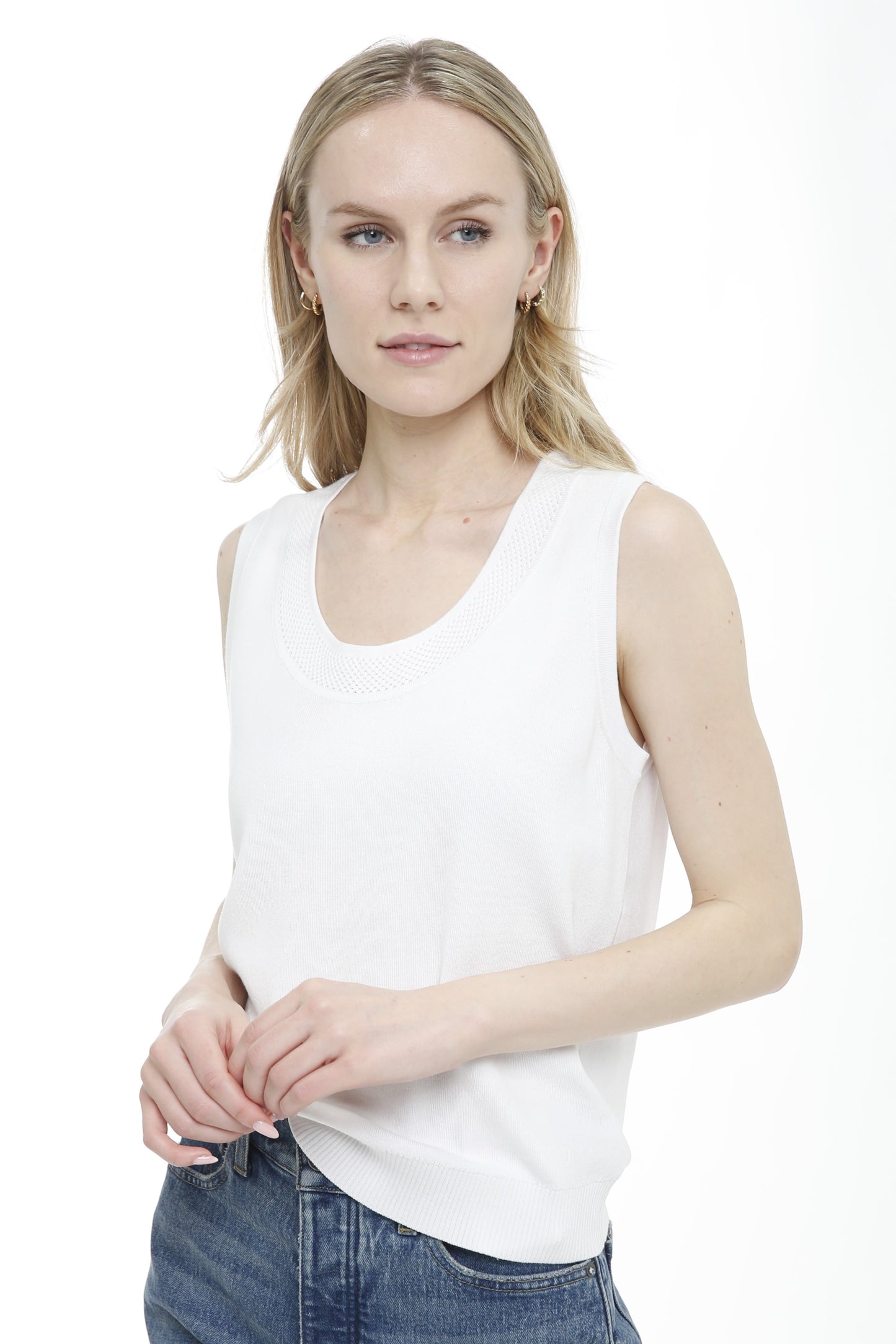 Cotton Blend Sleeveless Tank with Mesh Trims