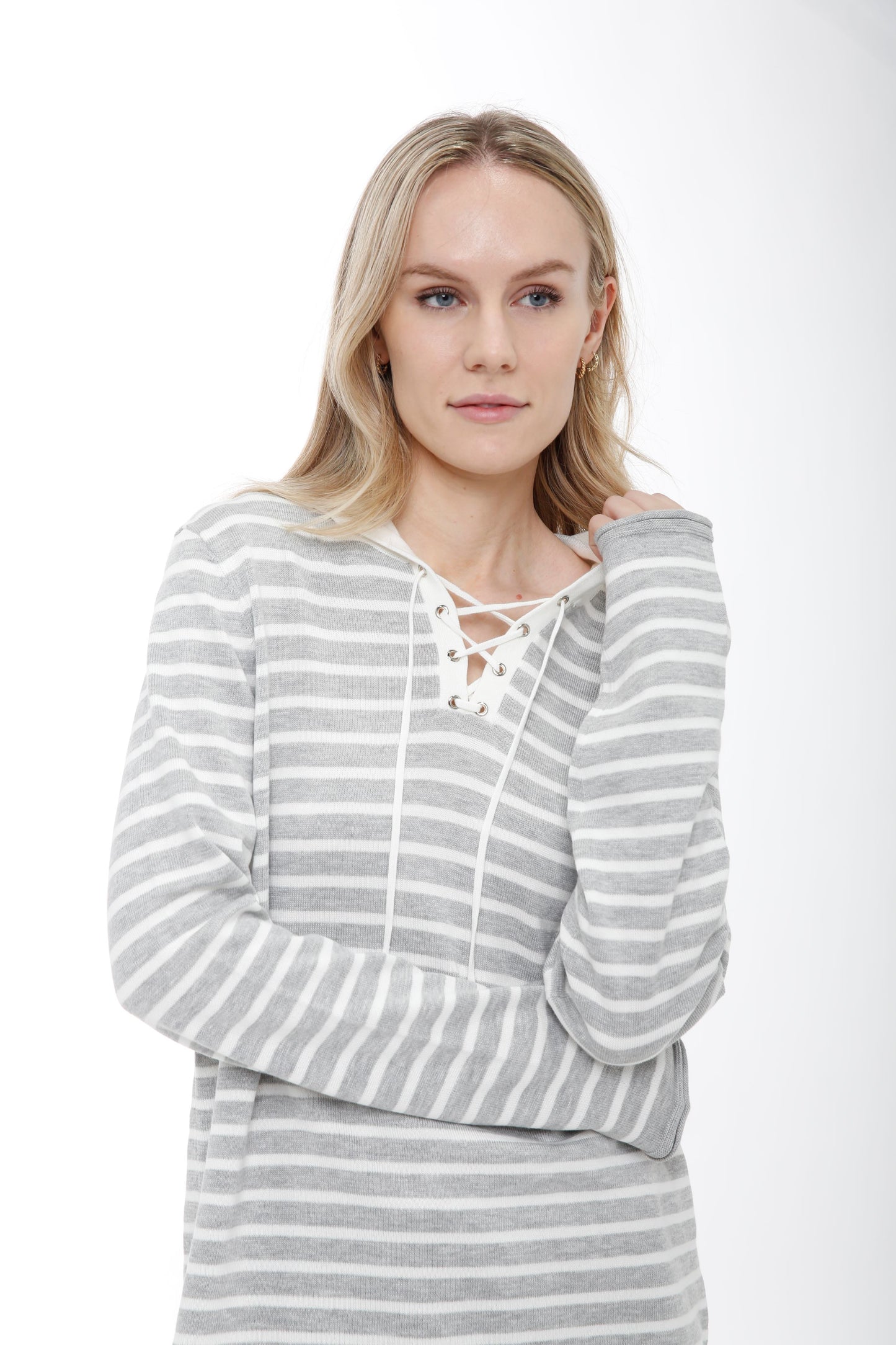Long Sleeve Striped Lace Up Hooded Pullover