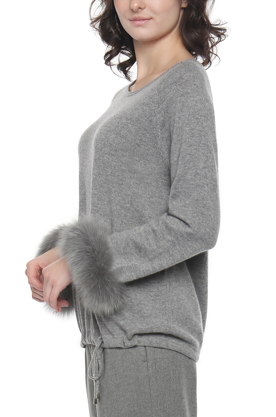 Cashmere Drawstring Jewel Neck with Fur Cuffs Pullover