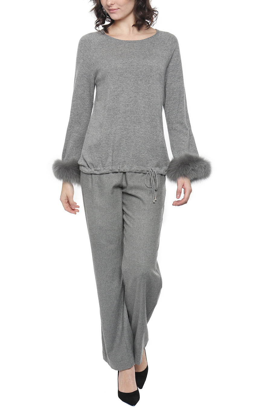 Cashmere Drawstring Jewel Neck with Fur Cuffs - InCashmere
