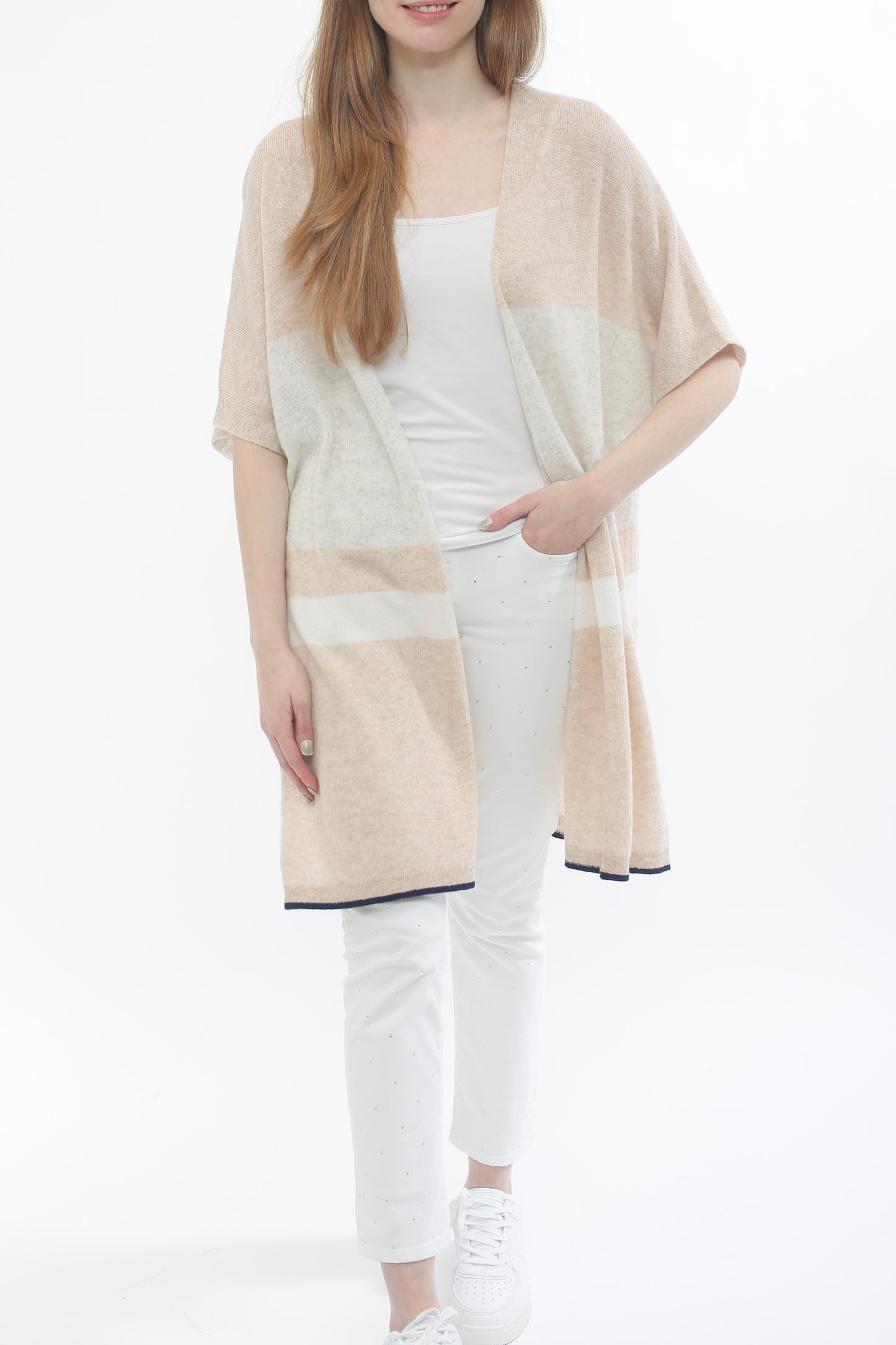 100% Cashmere Color Block Shawl Cardigan