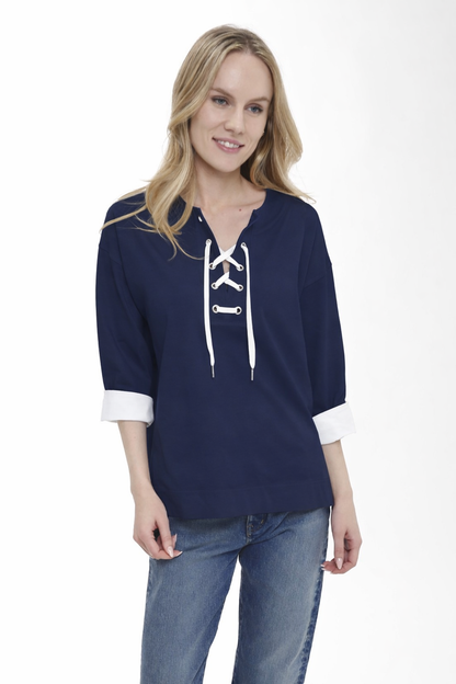 Cotton Interlock Lace Up Top with Woven Details