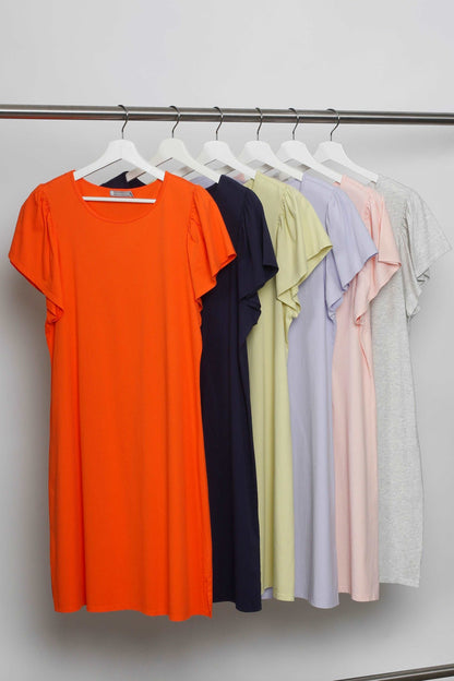 100% Cotton Jersey Flutter Sleeve Crew Neck Dress