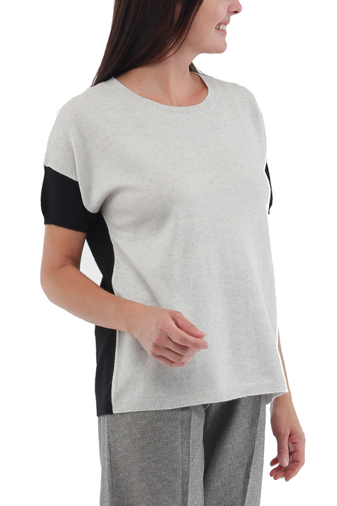100% Cashmere Short Sleeve Crew Neck Top with Color Block
