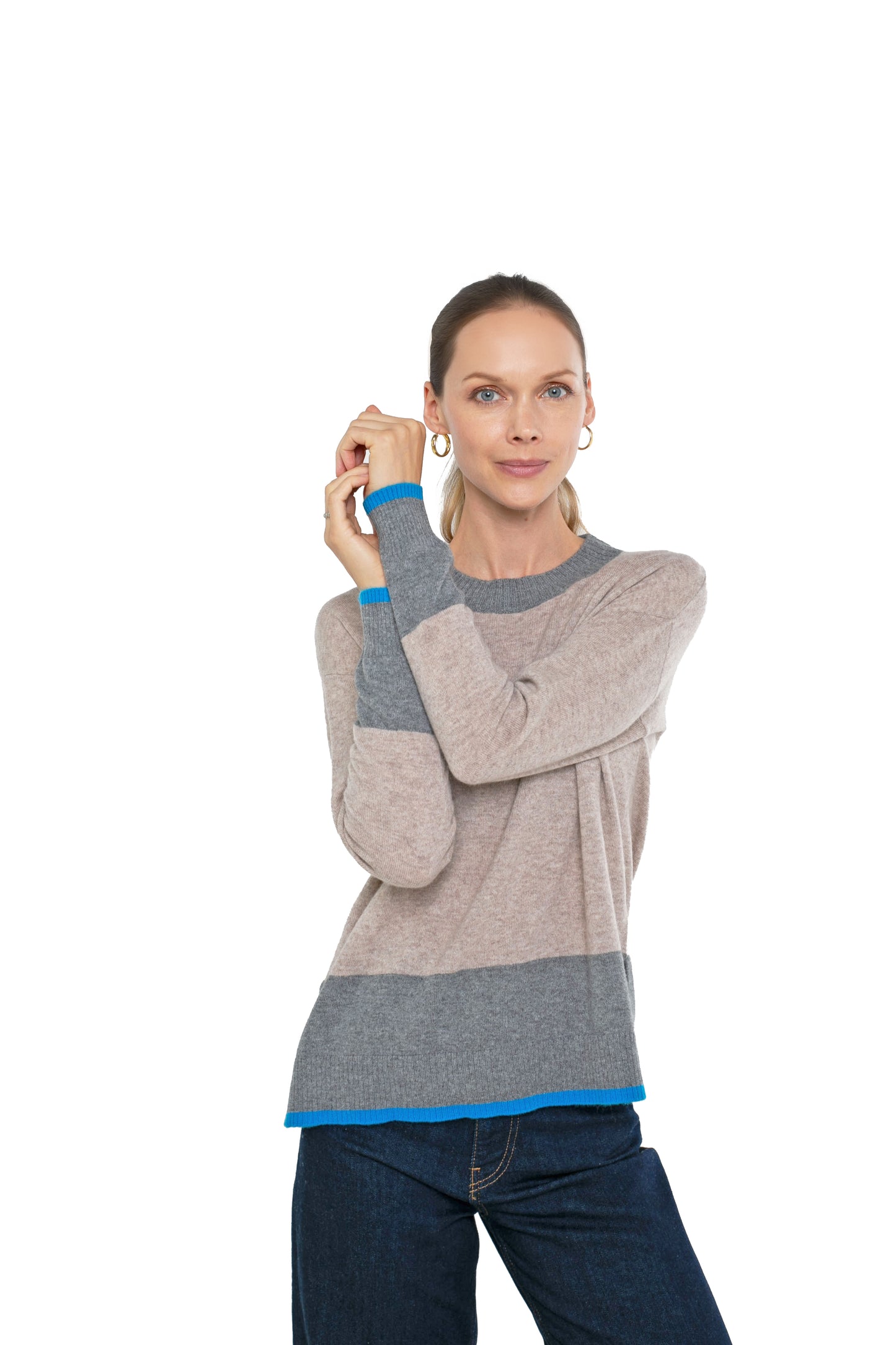 Cashmere Long Sleeve Color Block Pullover Sweater
