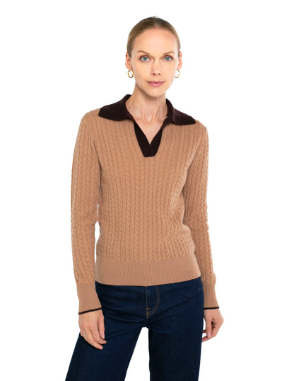 Cashmere Long Sleeve Cable with Contrast Collar