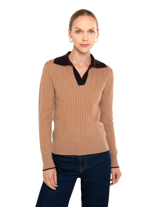 Cashmere Long Sleeve Cable with Contrast Collar