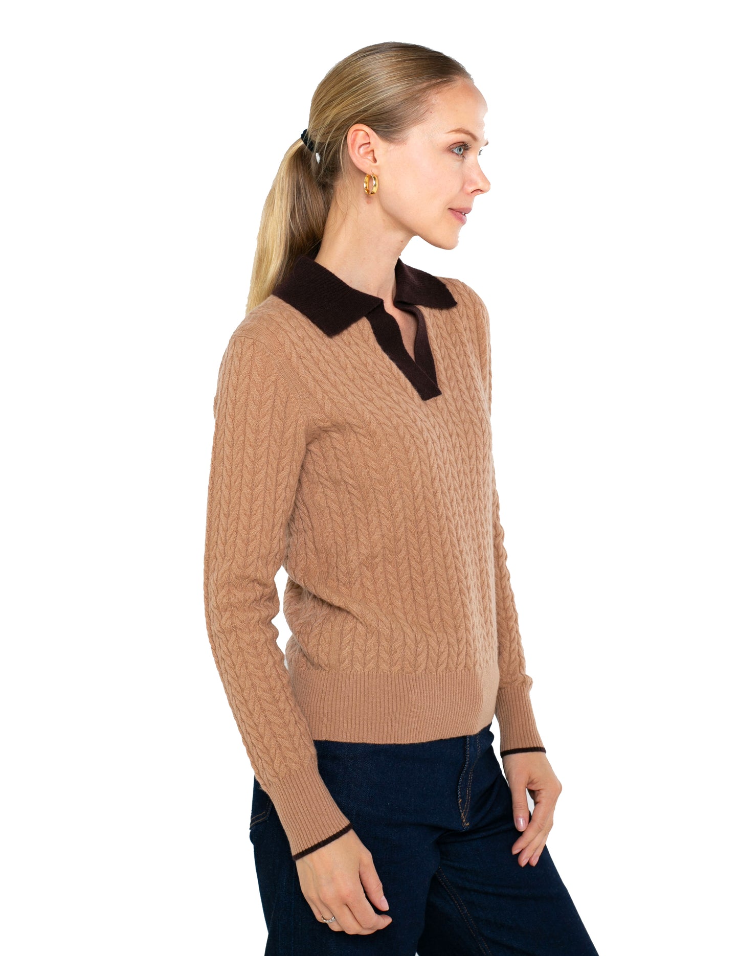 Cashmere Long Sleeve Cable with Contrast Collar