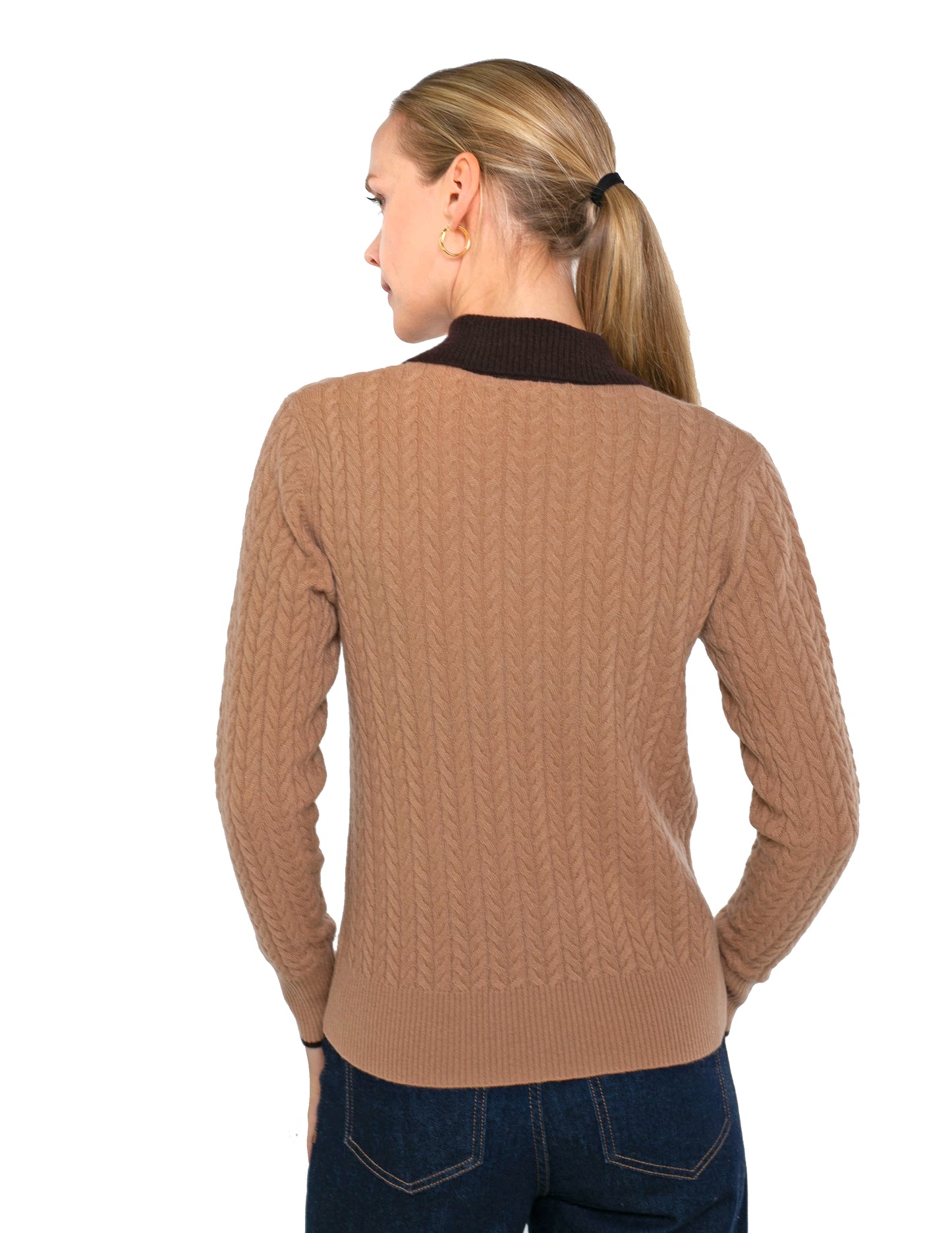 Cashmere Long Sleeve Cable with Contrast Collar