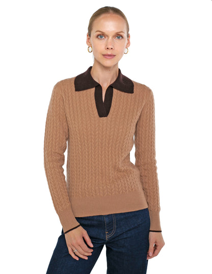 Cashmere Long Sleeve Cable with Contrast Collar