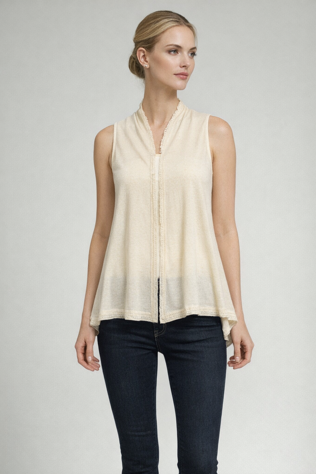 Cashmere Blend Sleeveless Mini Fringe Open Vest