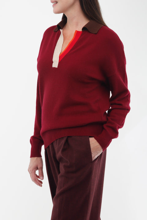 100% Cashmere Color Blocked Long Sleeve Polo Collar