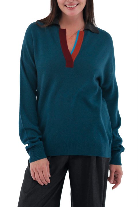 100% Cashmere Color Blocked Long Sleeve Polo Collar