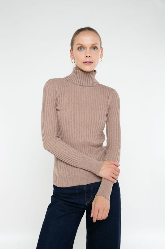 Cotton/Cashmere Blend Long Sleeve Rib Turtle Neck Pullover
