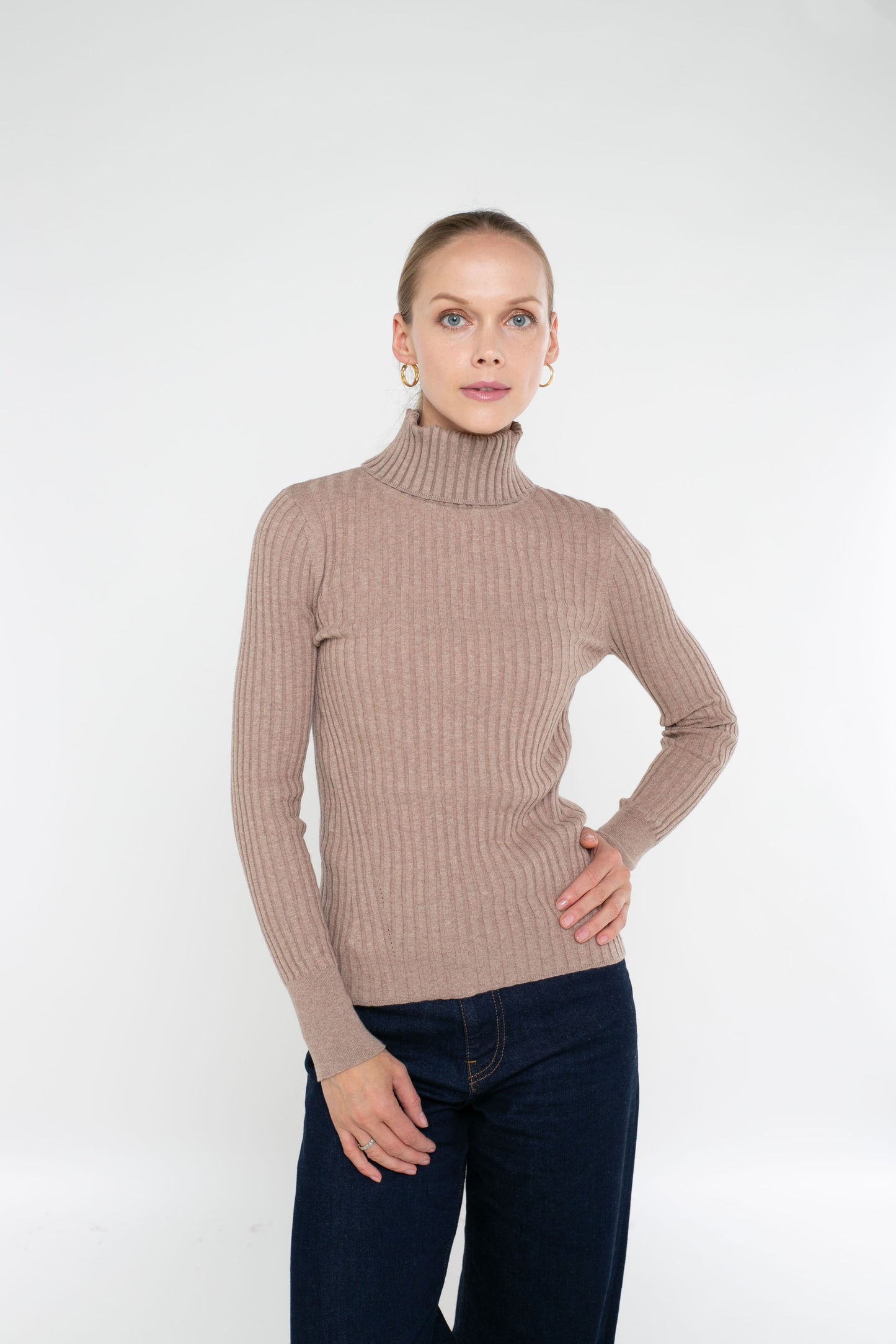 Cotton/Cashmere Blend Long Sleeve Rib Turtle Neck Pullover
