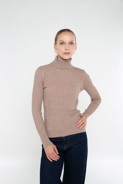 Cotton/Cashmere Blend Long Sleeve Rib Turtle Neck Pullover