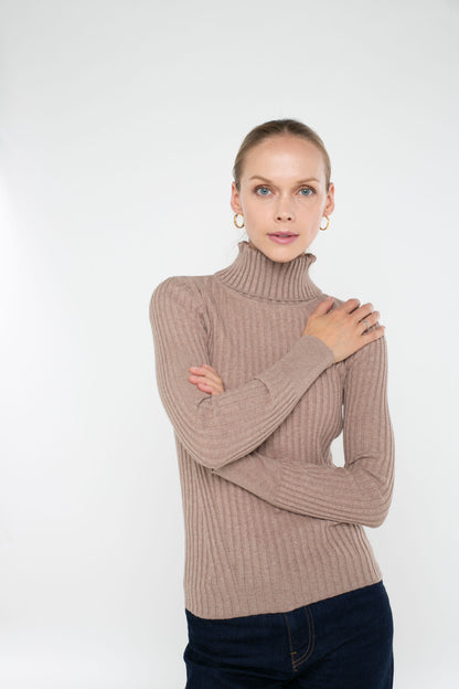 Cotton/Cashmere Blend Long Sleeve Rib Turtle Neck Pullover
