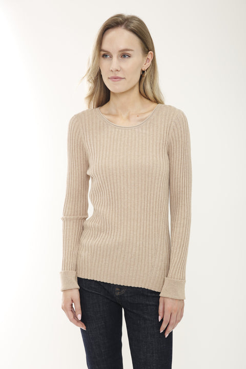Cotton/Cashmere Blend Long Sleeve Rib Crew Neck Pullover