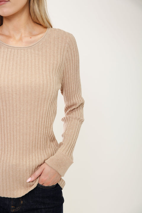 Cotton/Cashmere Blend Long Sleeve Rib Crew Neck Pullover