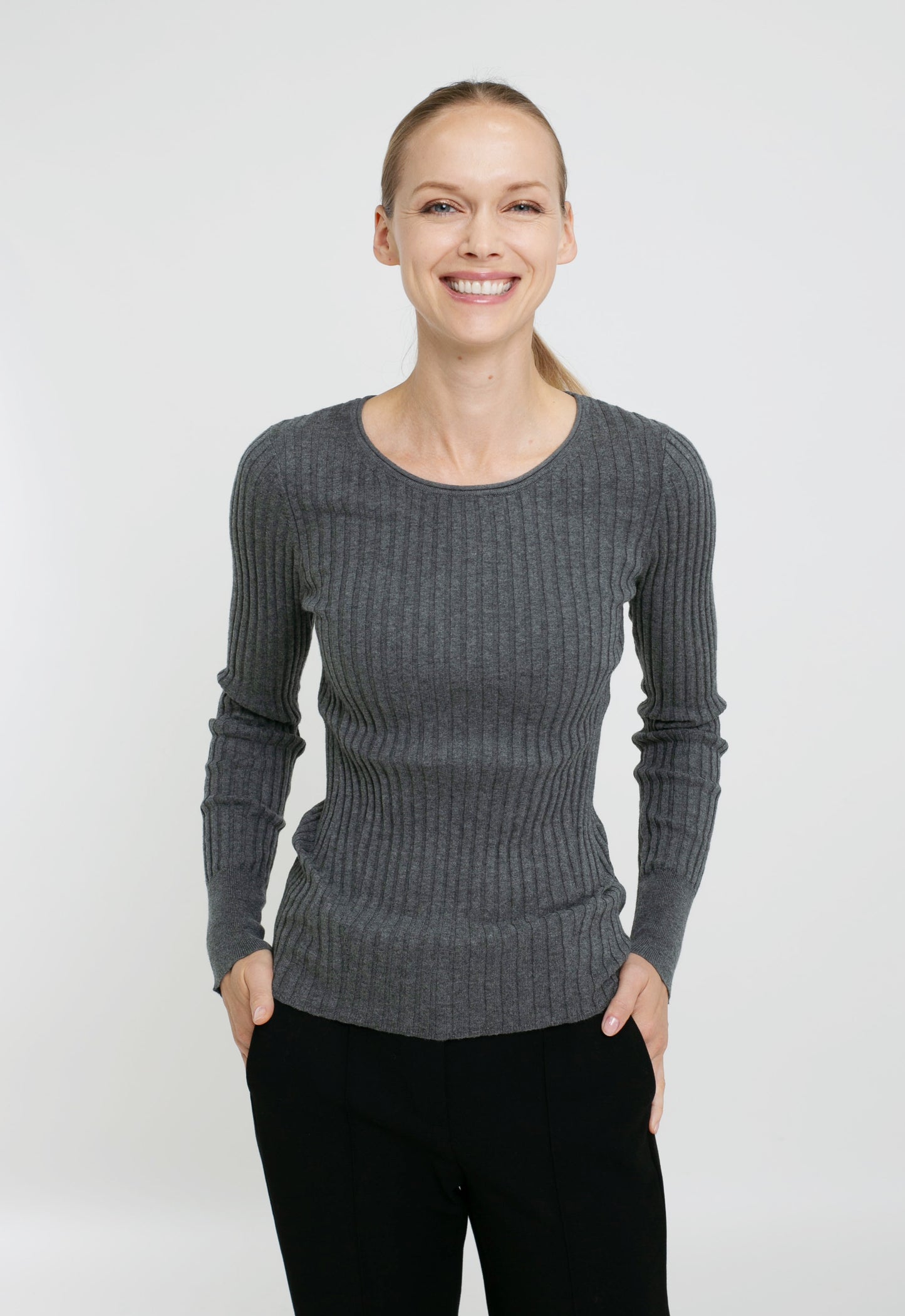 Cotton/Cashmere Blend Long Sleeve Rib Crew Neck Pullover