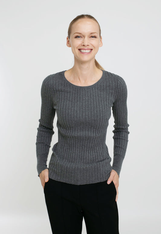 Cotton/Cashmere Blend Long Sleeve Rib Crew Neck Pullover