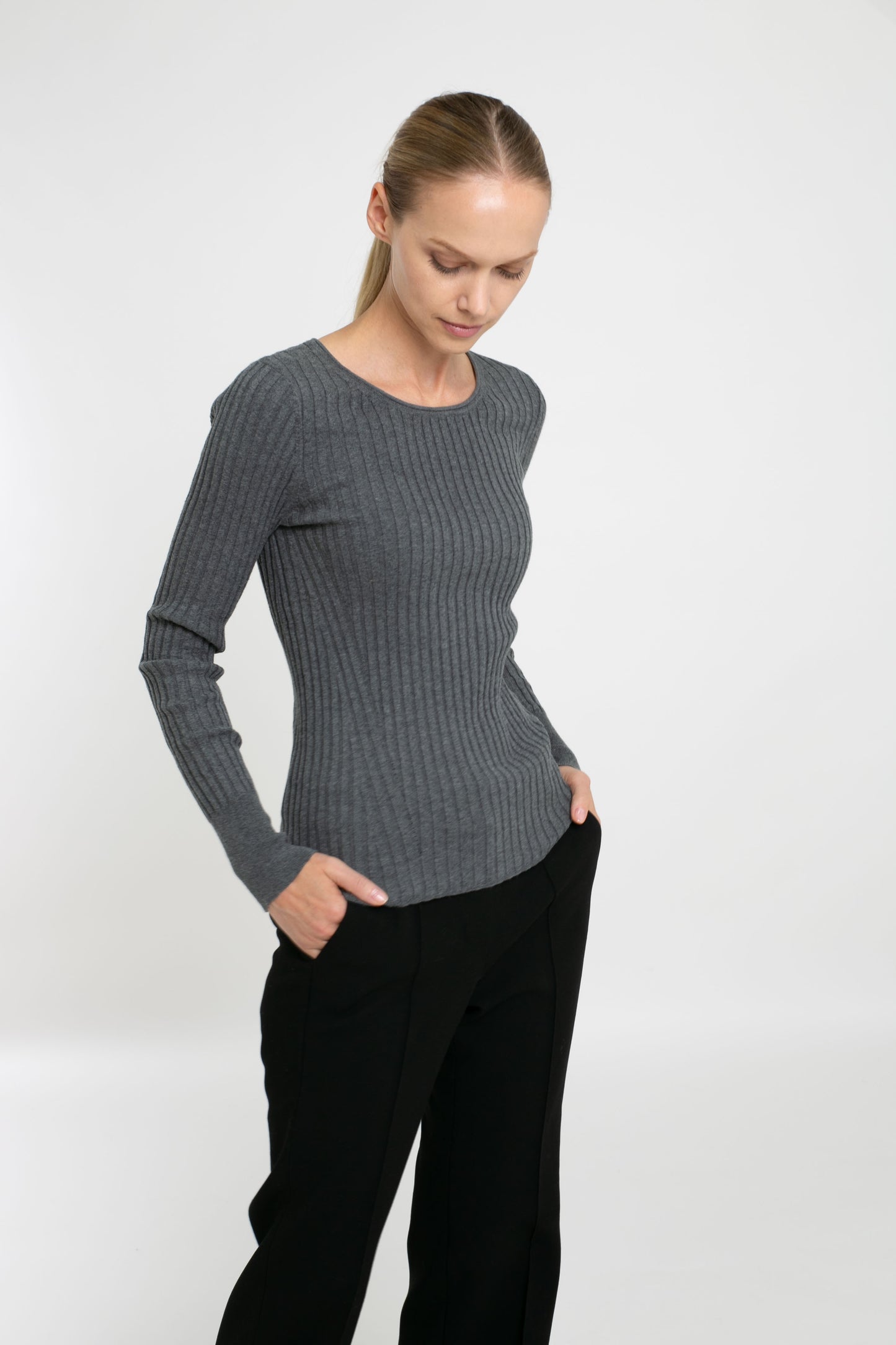 Cotton/Cashmere Blend Long Sleeve Rib Crew Neck Pullover
