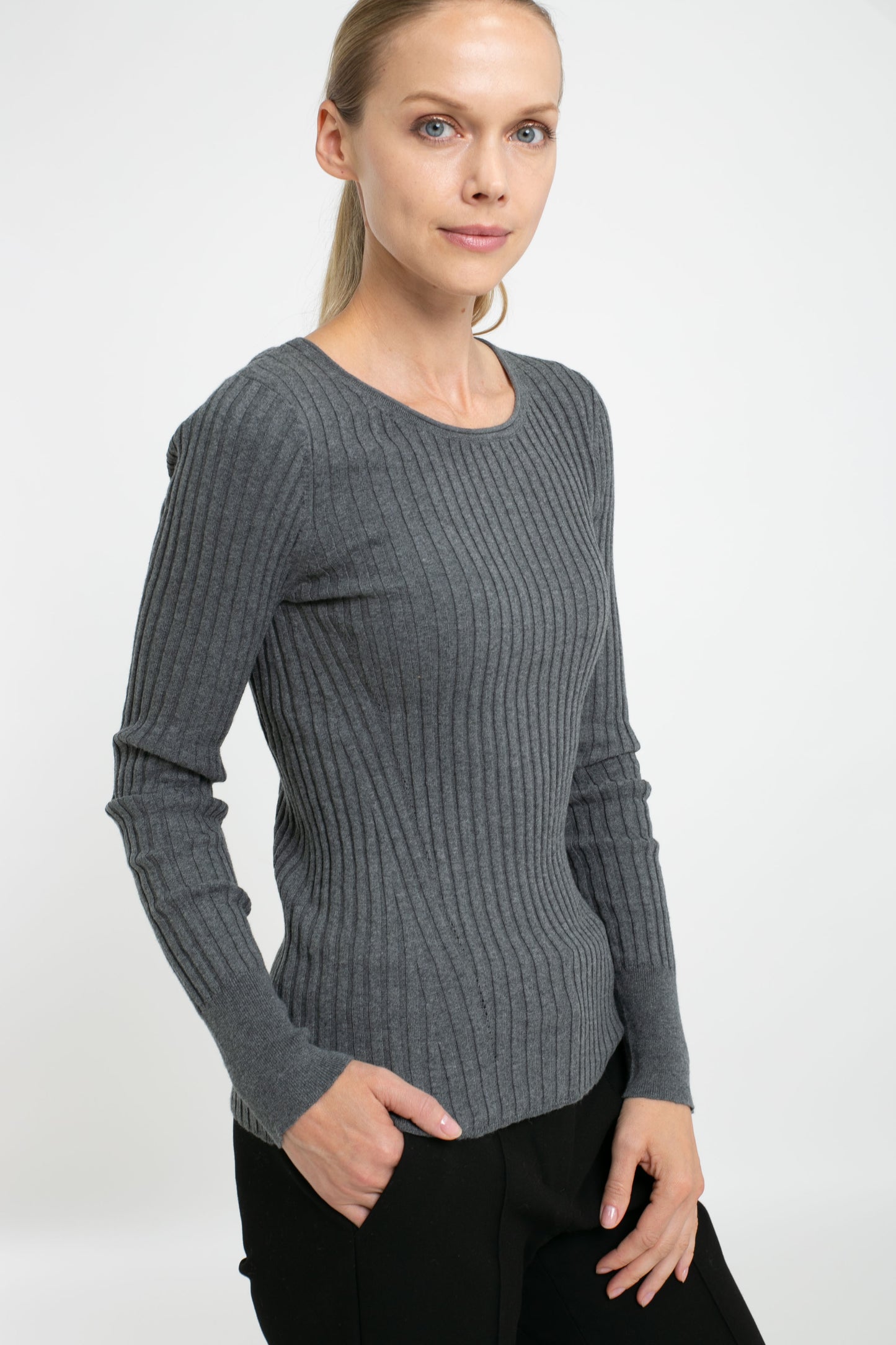 Cotton/Cashmere Blend Long Sleeve Rib Crew Neck Pullover