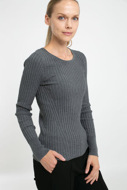 Cotton/Cashmere Blend Long Sleeve Rib Crew Neck Pullover
