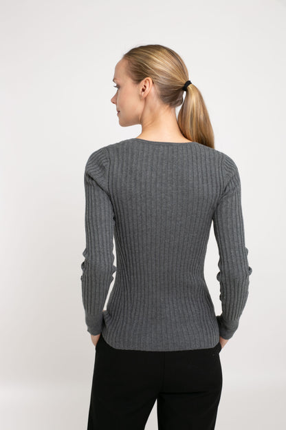 Cotton/Cashmere Blend Long Sleeve Rib Crew Neck Pullover