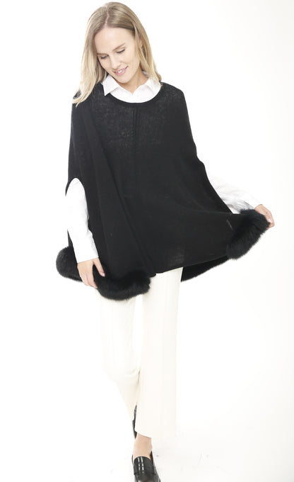 Cashmere Poncho with Fur Cuff Trims