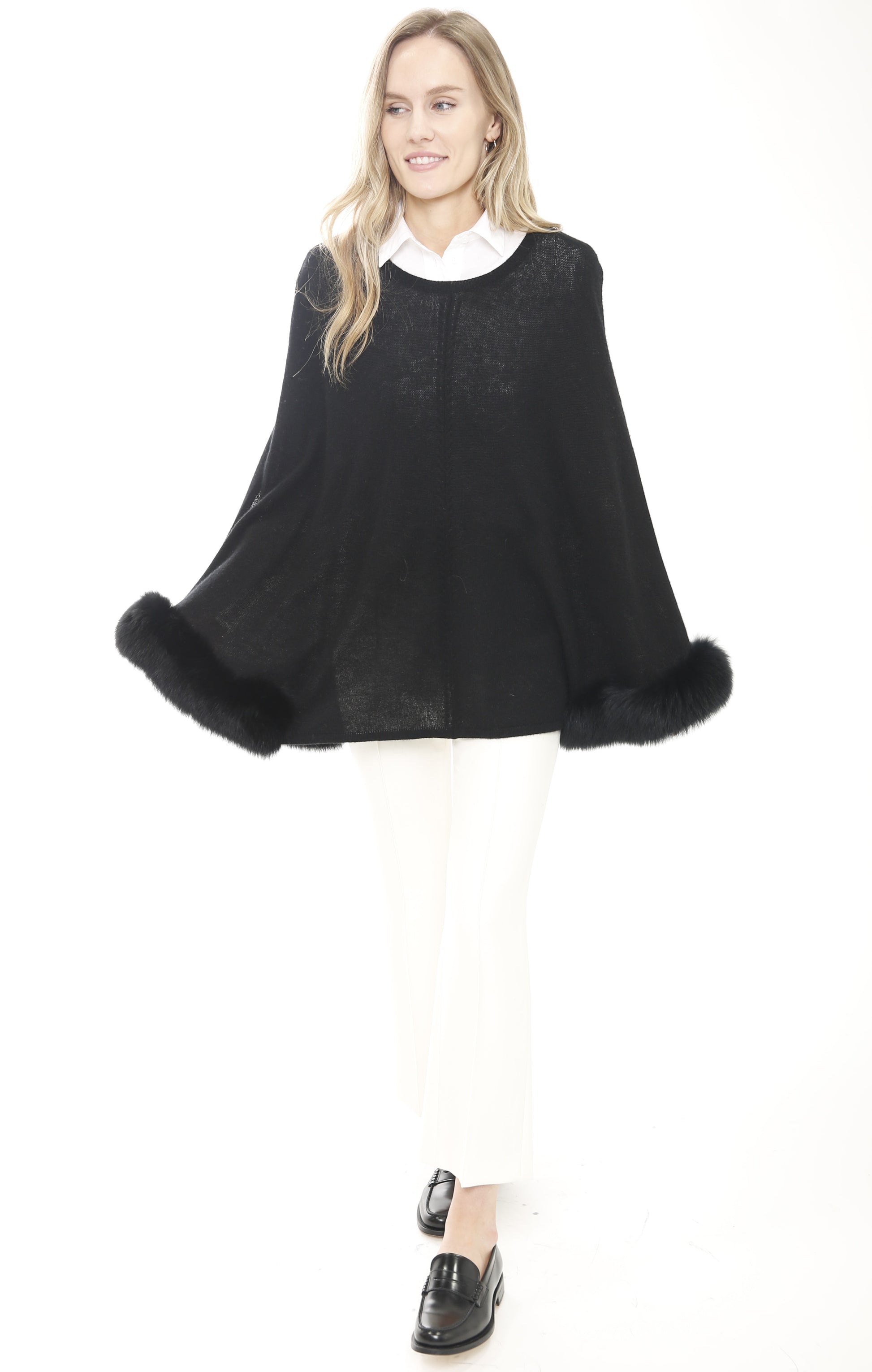 Cashmere Poncho with Fur Cuff Trims - Black S/M - In Cashmere Cashmere Poncho with Fur Cuff Trims - Black S/M - In Cashmere