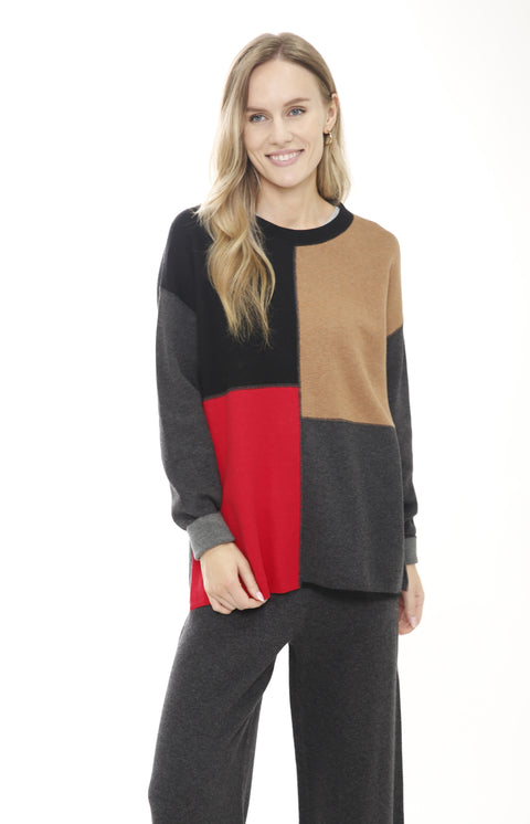 Cotton Blend Long Sleeve Double Sided Color Block Pullover